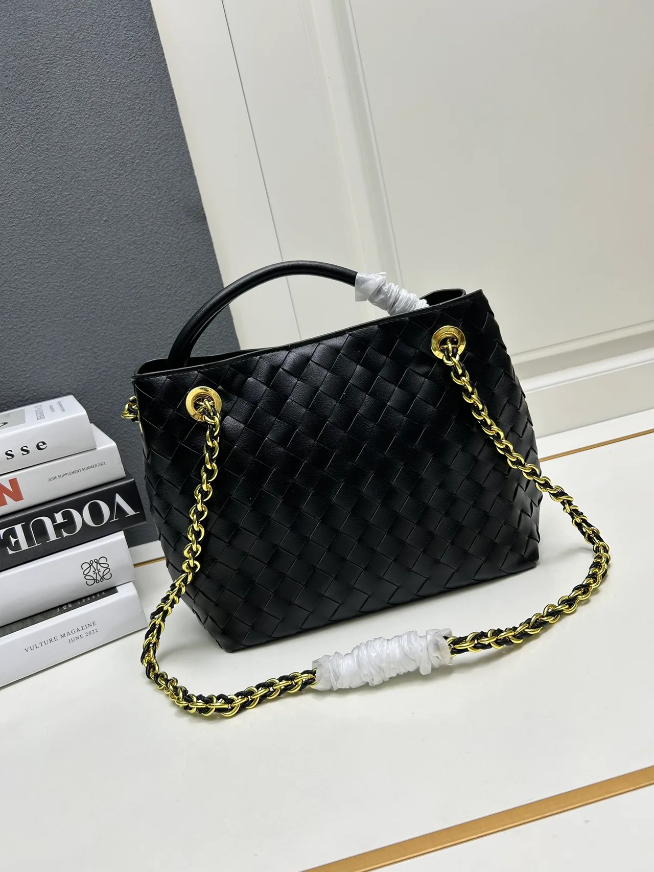 Bottega Veneta Quilted Woven Chain Tote in Black · view 3