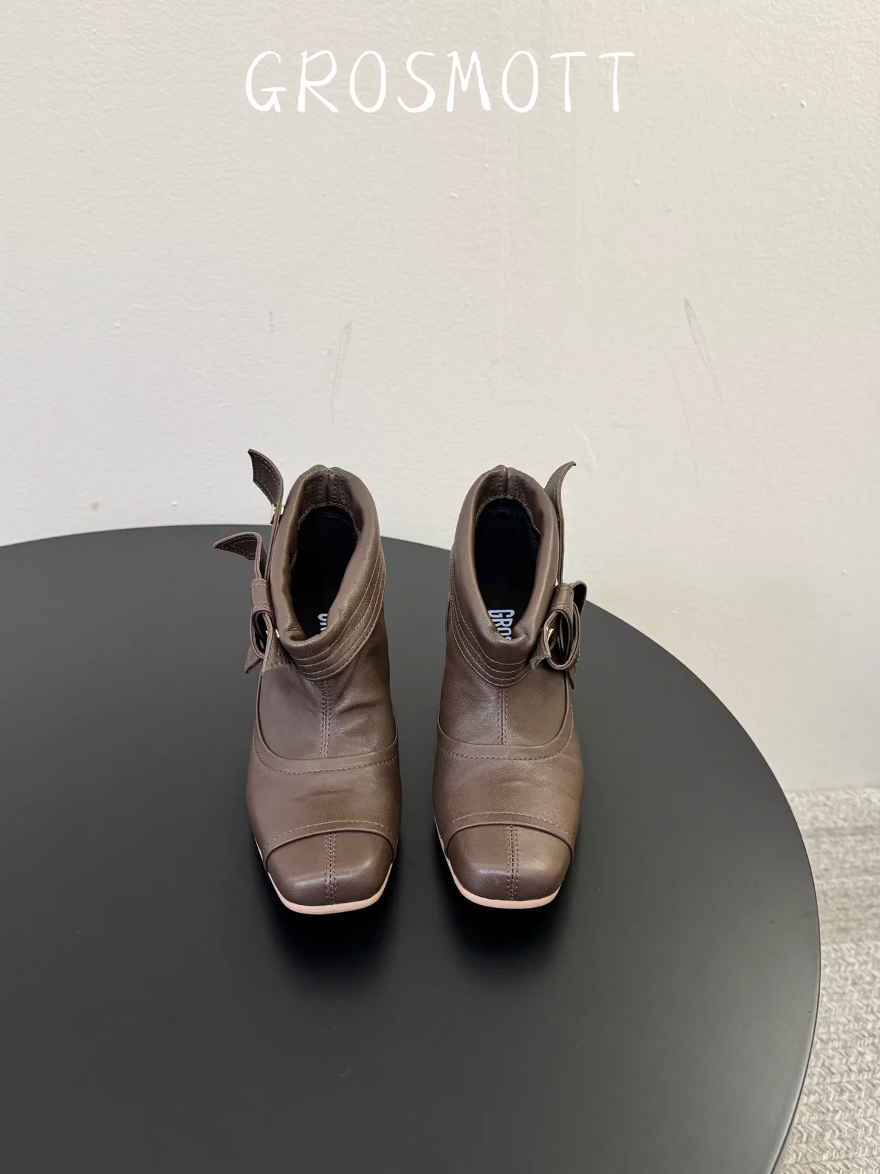 Sheepskin Smooth Pointed-Toe Buckle Ankle Boots in Brown · view 1