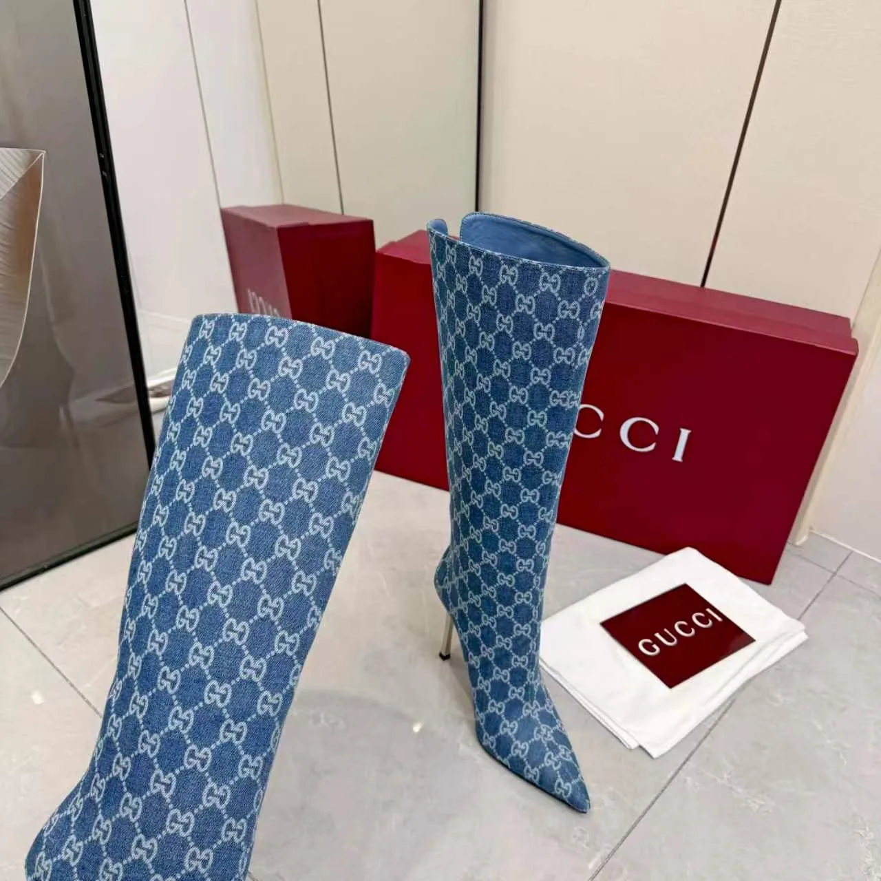 Gucci Cowhide Pointed-Toe Knee-High Boots in Blue · view 5