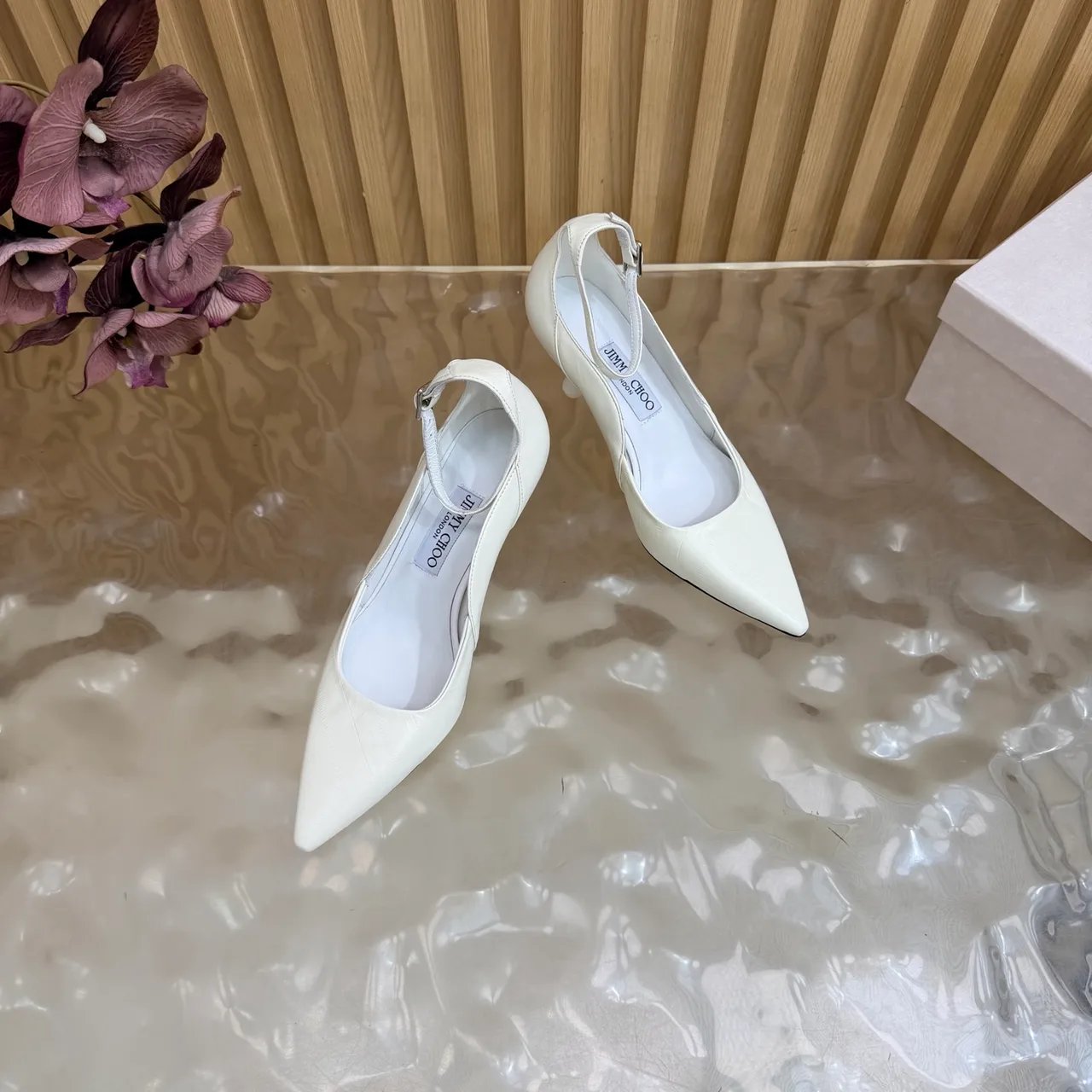 Jimmy Choo Cowhide Glossy Pointed-Toe Pointed Heel Pumps in White · view 5