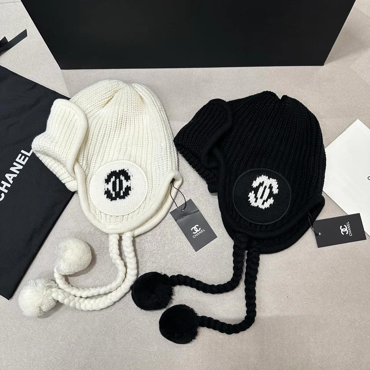 Chanel Earflap Knit Hat in Cream & Black · view 4