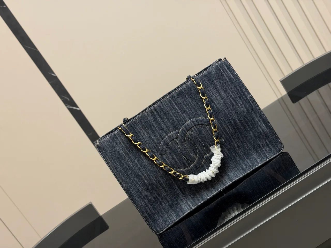Chanel Denim Chain Tote in Blue · view 3