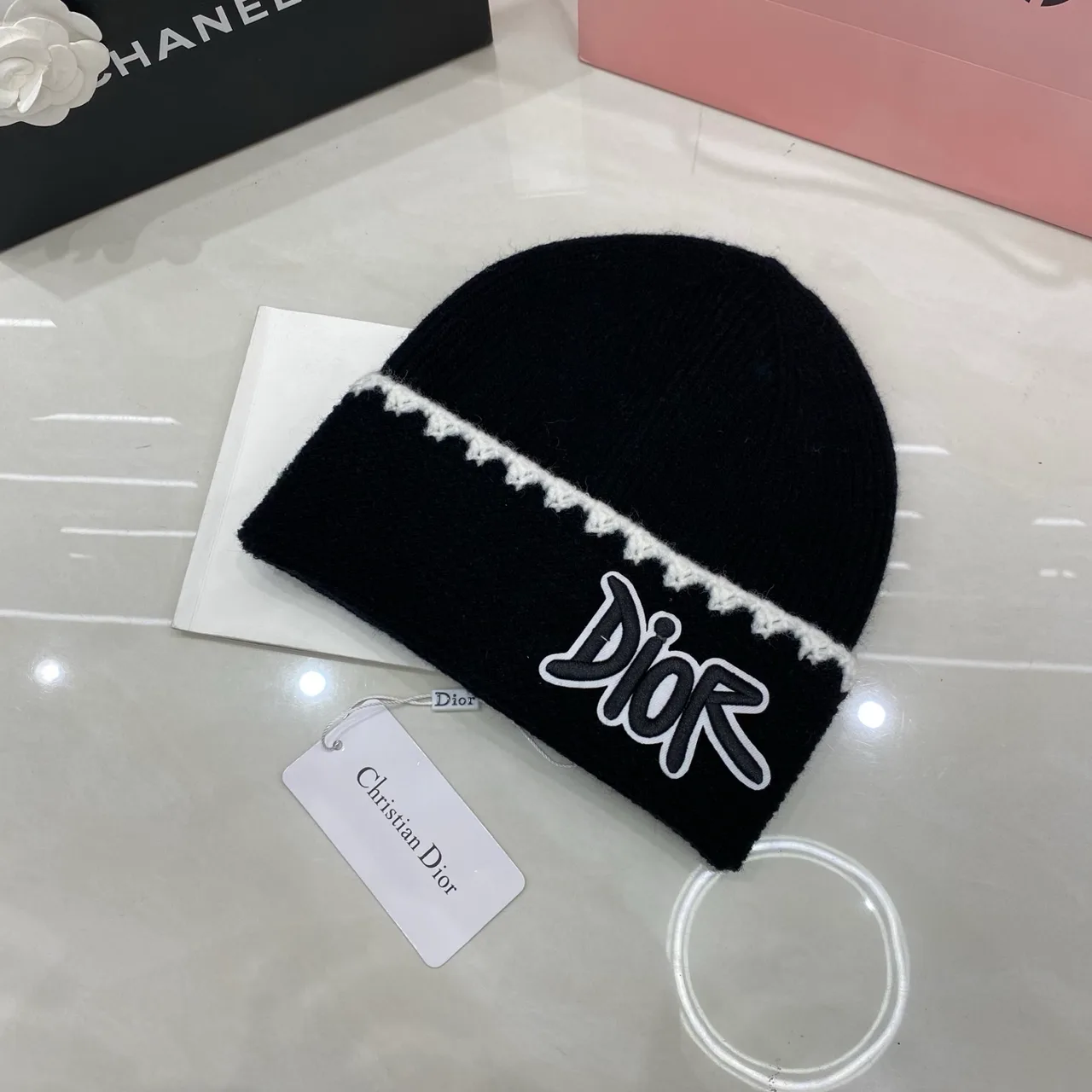 Dior Letter knit beanie in Black & White & Grey & Brown · view 1