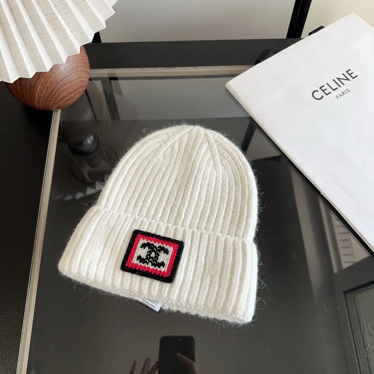Chanel Patch Ribbed Beanie in White & Black & Blue & Grey · view 1