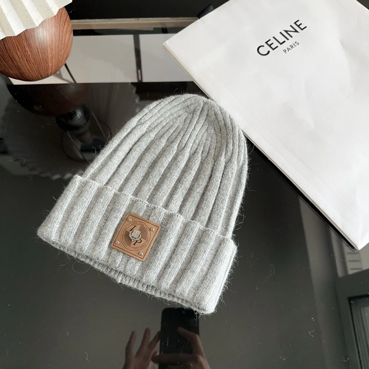 Celine Ribbed Beanie in Grey · view 2
