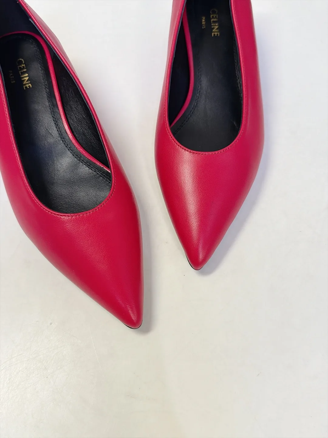 Celine Lambskin Glossy Pointed-Toe Kitten Heel Pumps in Red · view 7