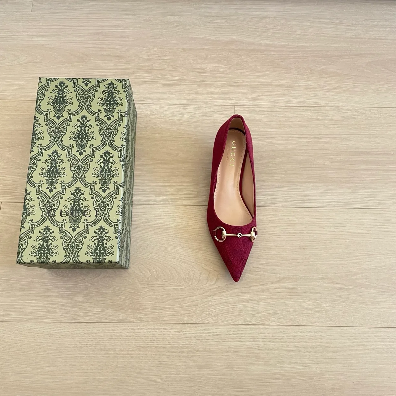 Gucci Canvas Smooth Pointed-Toe Horsebit Kitten Heel Pumps in Burgundy · view 7