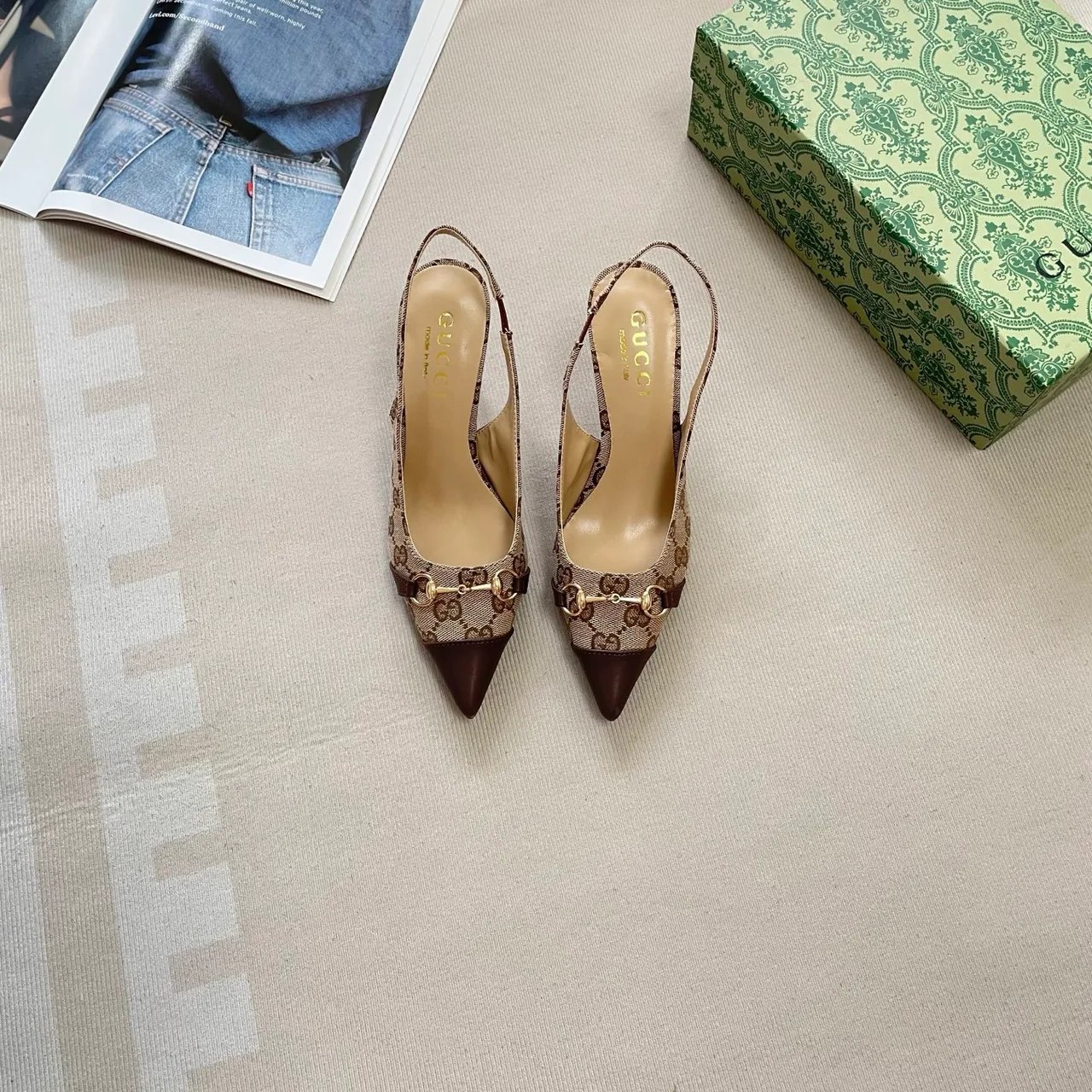 Gucci Horsebit Slingback Pumps in Black / White / Blue / Beige · view 5