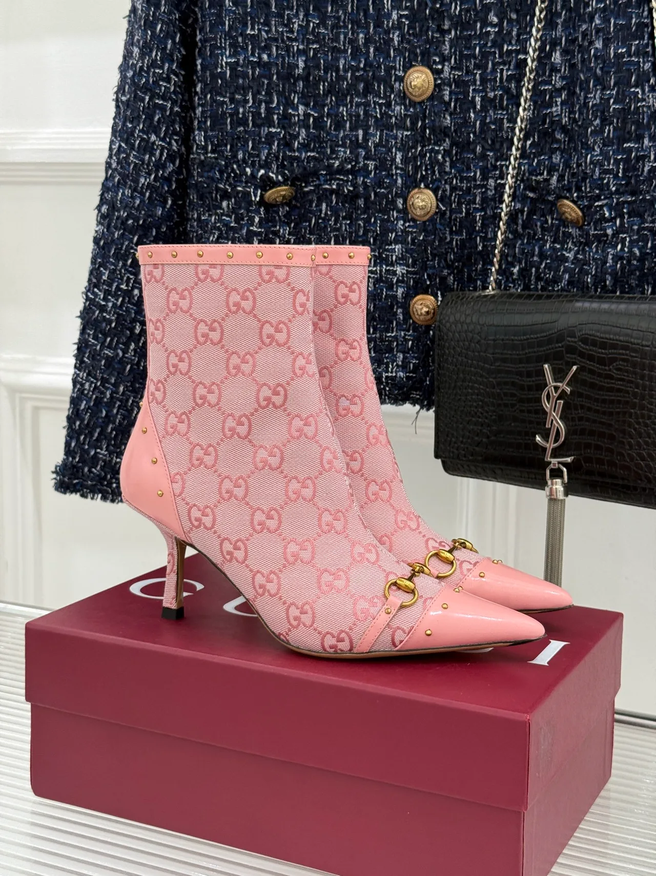 Gucci Sheepskin Canvas Ankle Boots in Pink · view 1