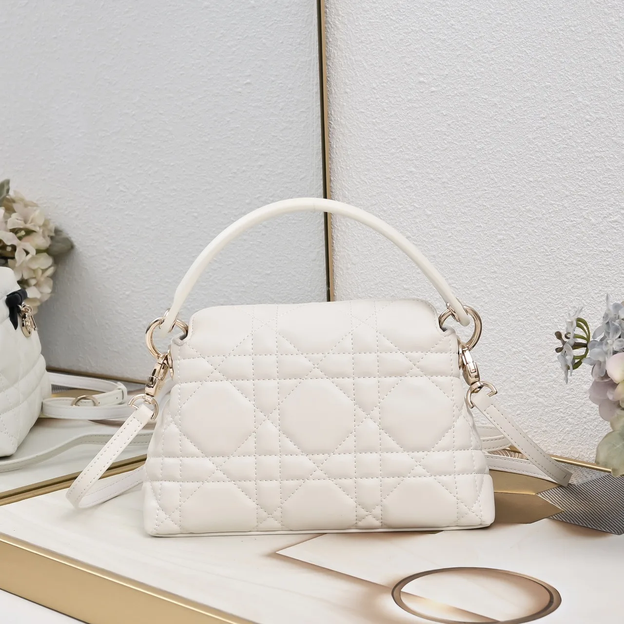 Dior Sheepskin Quilted Top-Handle Bag in White · view 3