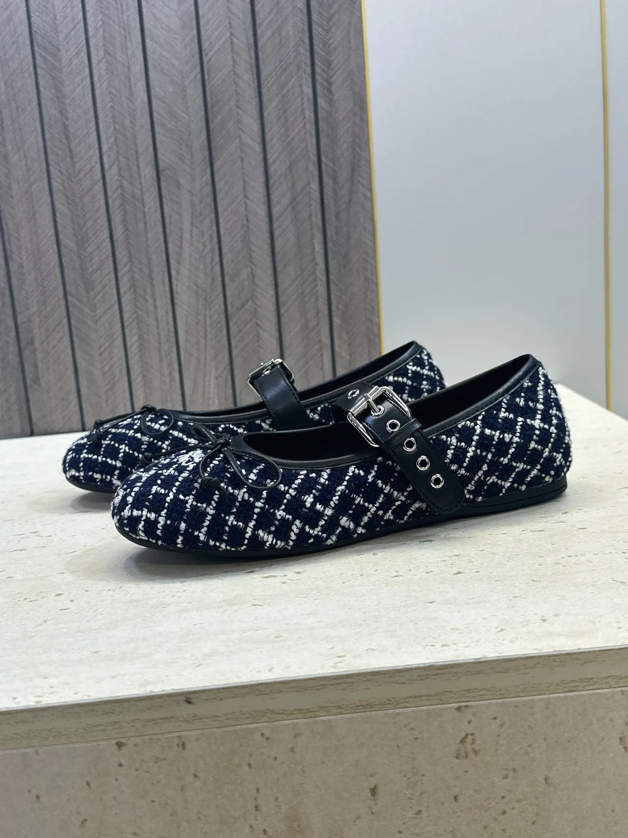 Miu Miu Calfskin Check Buckle Mary Jane Flats in Blue · view 5