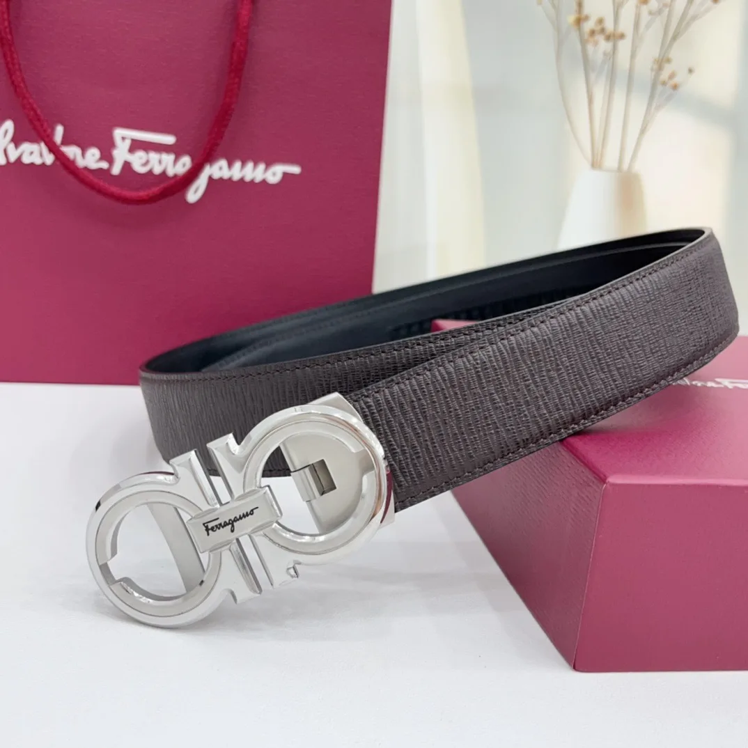Ferragamo Calfskin Woven Ribbed Reversible Automatic Belt in Brown · view 2