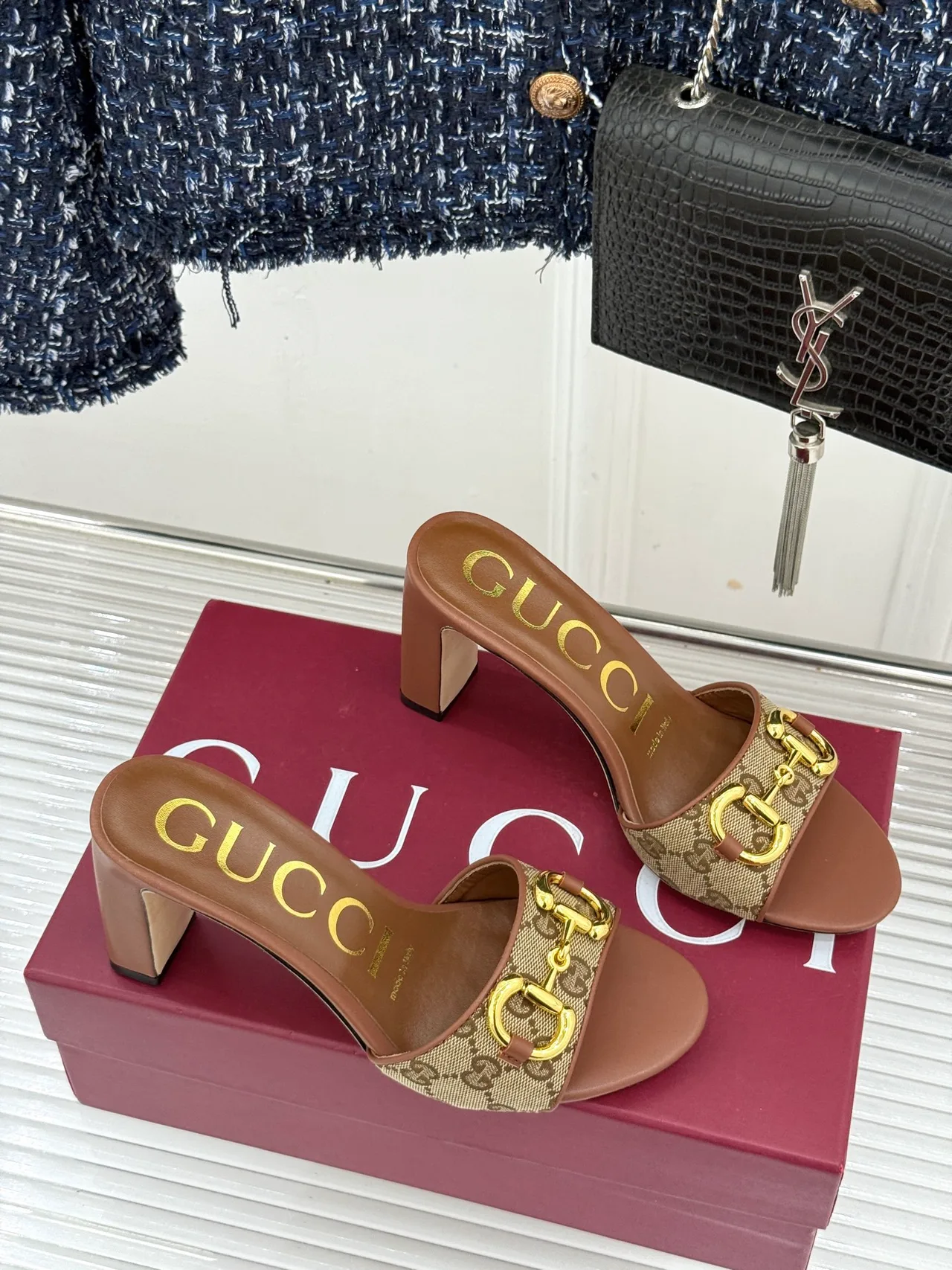 Gucci Canvas Denim Smooth Heeled Mules in Brown · view 3