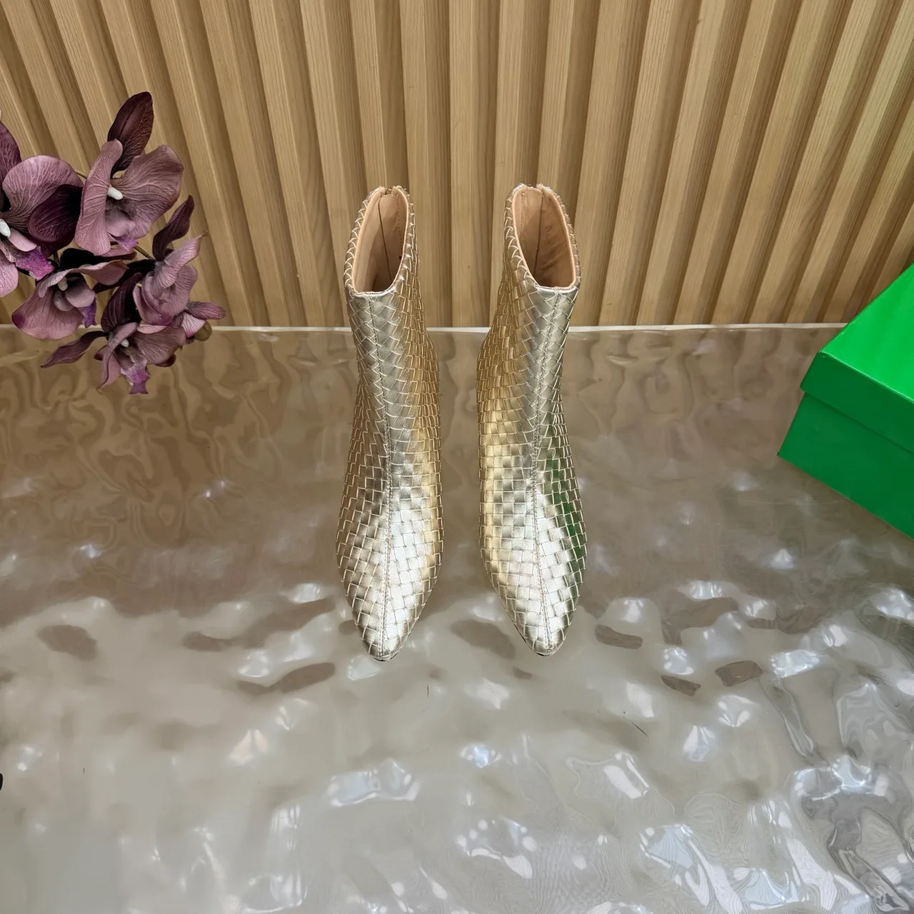 Bottega Veneta Woven Pointed-Toe Ankle Boots in Gold · view 4