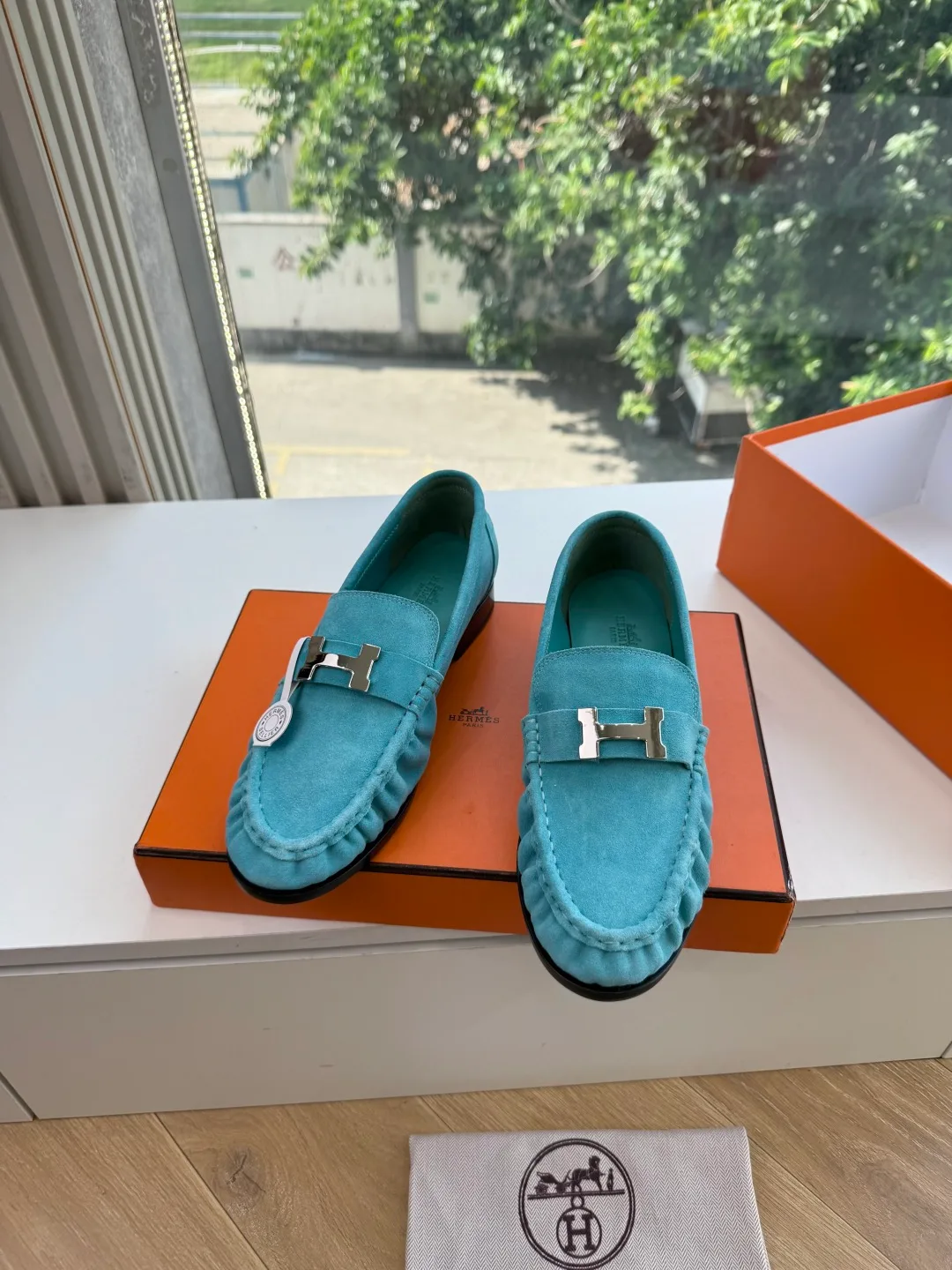 Hermes Calfskin Matte Suede-Look Round-Toe Loafers in Green · view 4