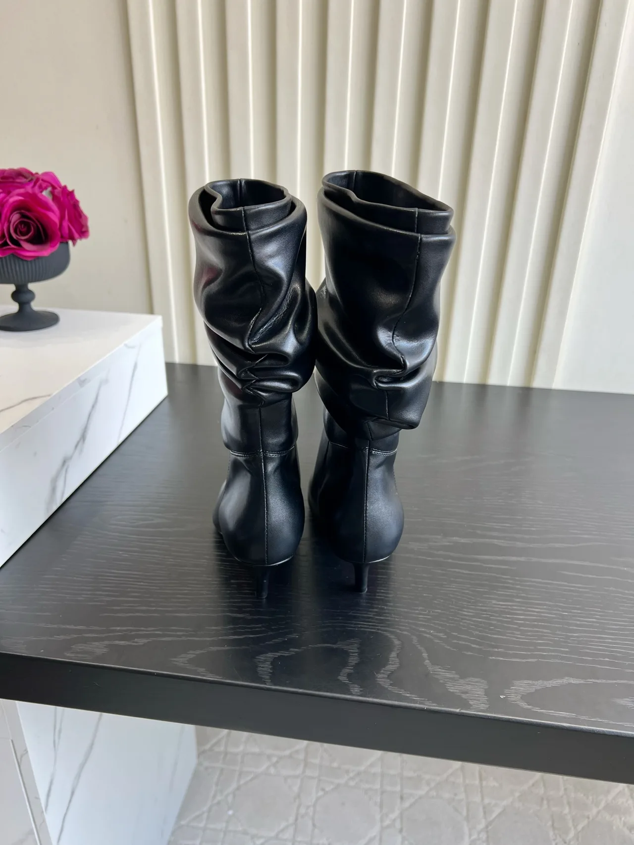 Amina Muaddi Cowhide Glossy Pointed-Toe Boots in Black · view 4