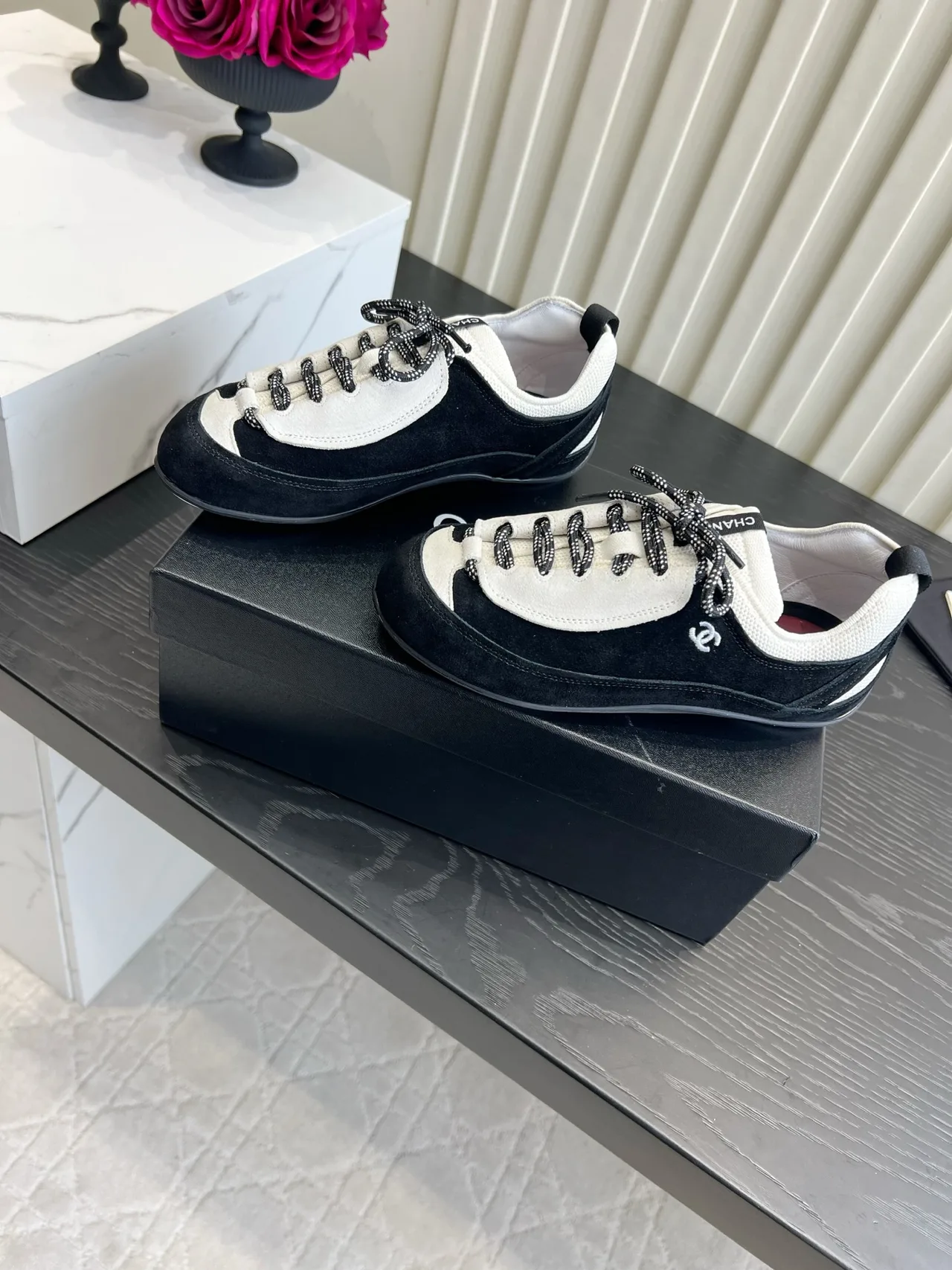 Chanel Cowhide Suede-Look Sneakers in Black · view 2