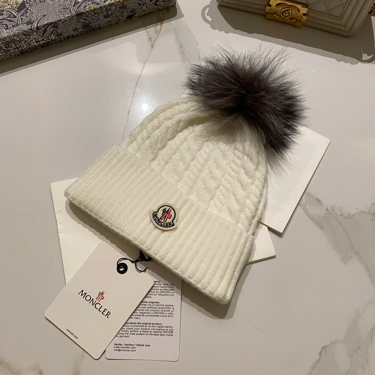 Moncler Cable Pom Beanie in Black & White & Grey & Brown & Burgundy & Beige · view 2