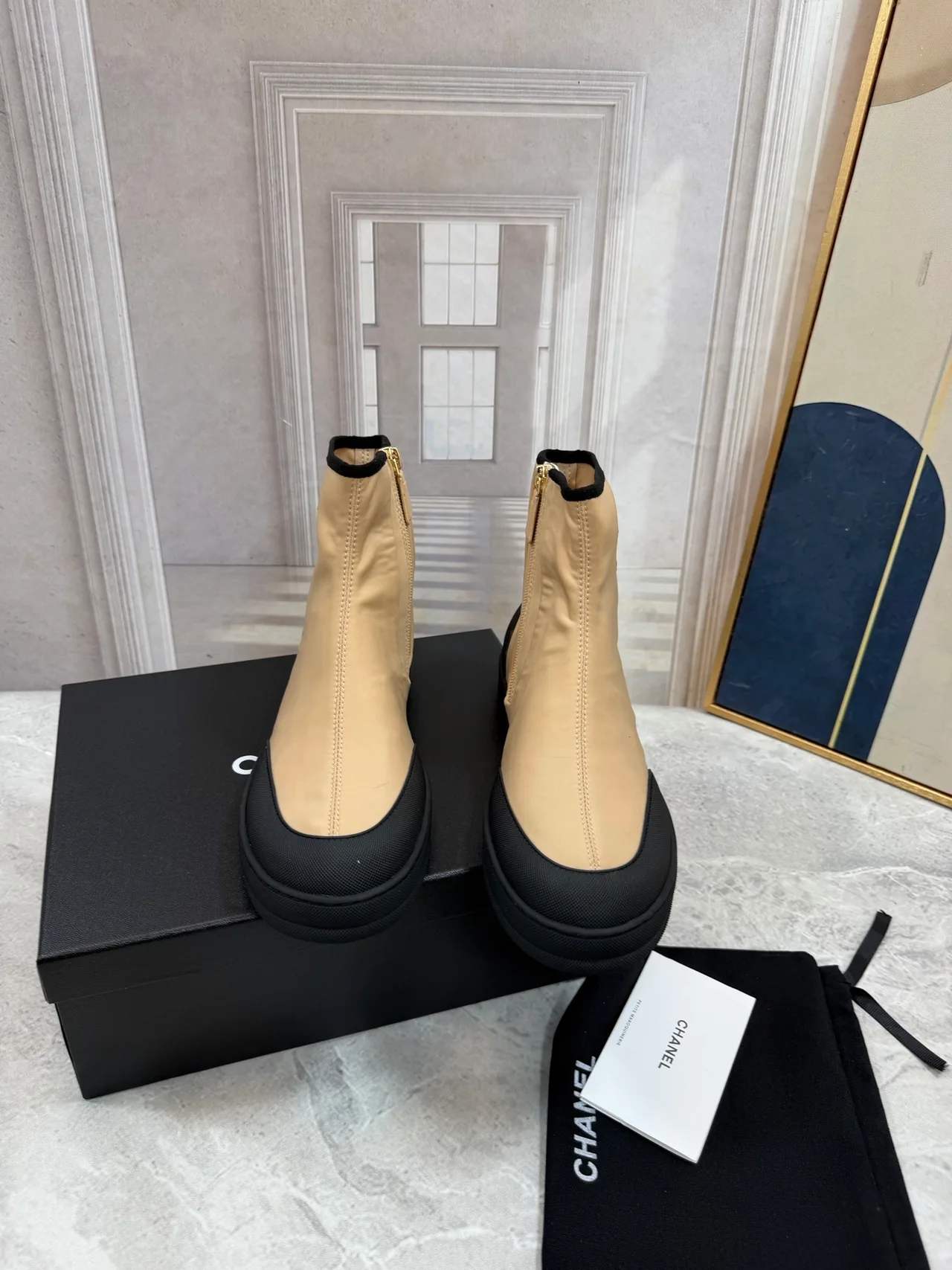 Chanel Cowhide Glossy Ankle Boots in Beige · view 5