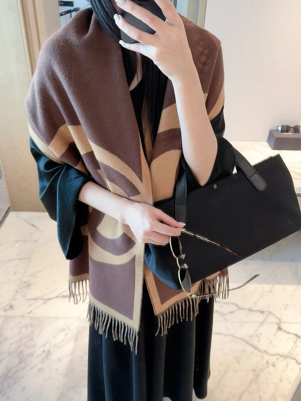 Chanel CC Jacquard Scarf in Beige & Brown · view 5