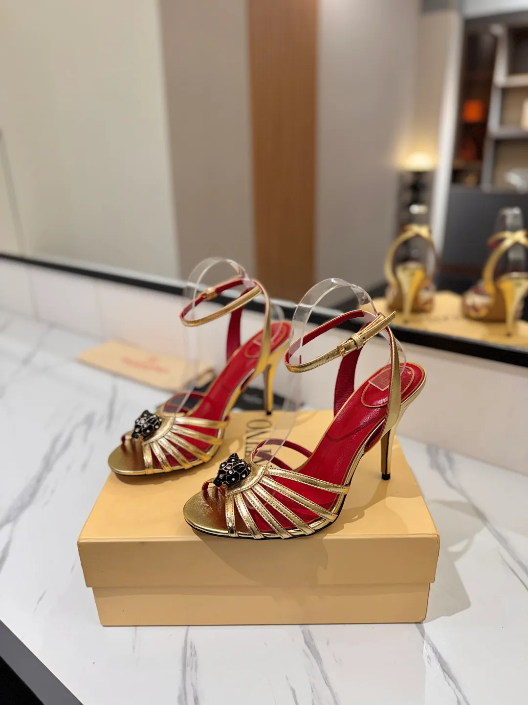 Valentino Ribbed Jewel-Bow Strap Sandals in Gold · view 2