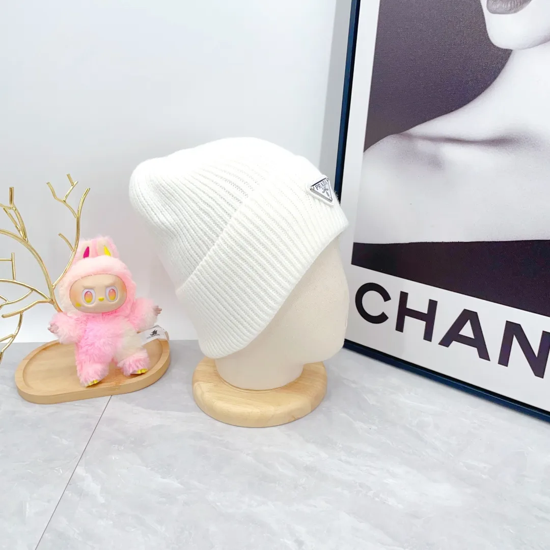 Prada Wool Triangle Logo Knit Beanie in White · view 4