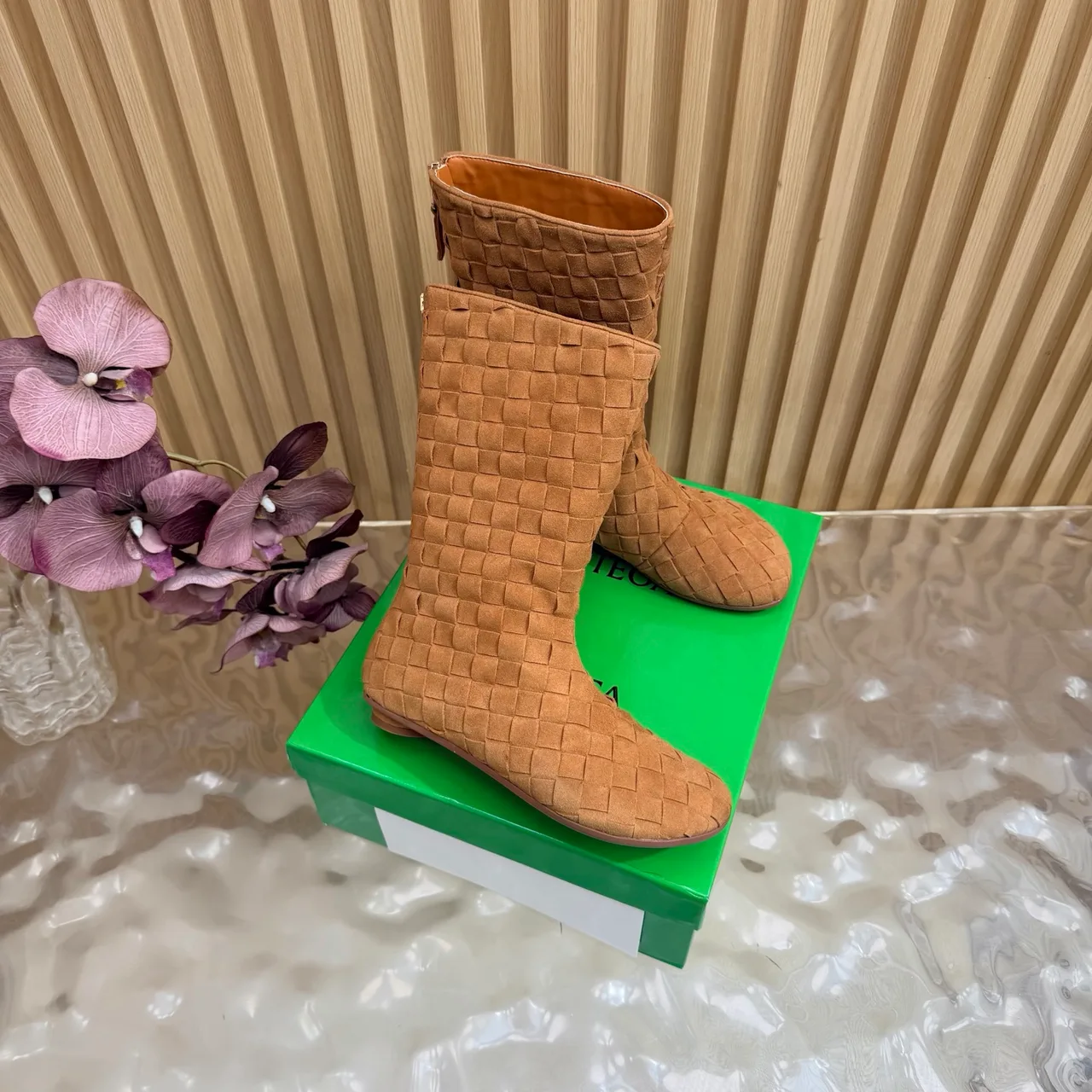 Bottega Veneta Quilted Woven Round-Toe Ankle Boots in Tan · view 2