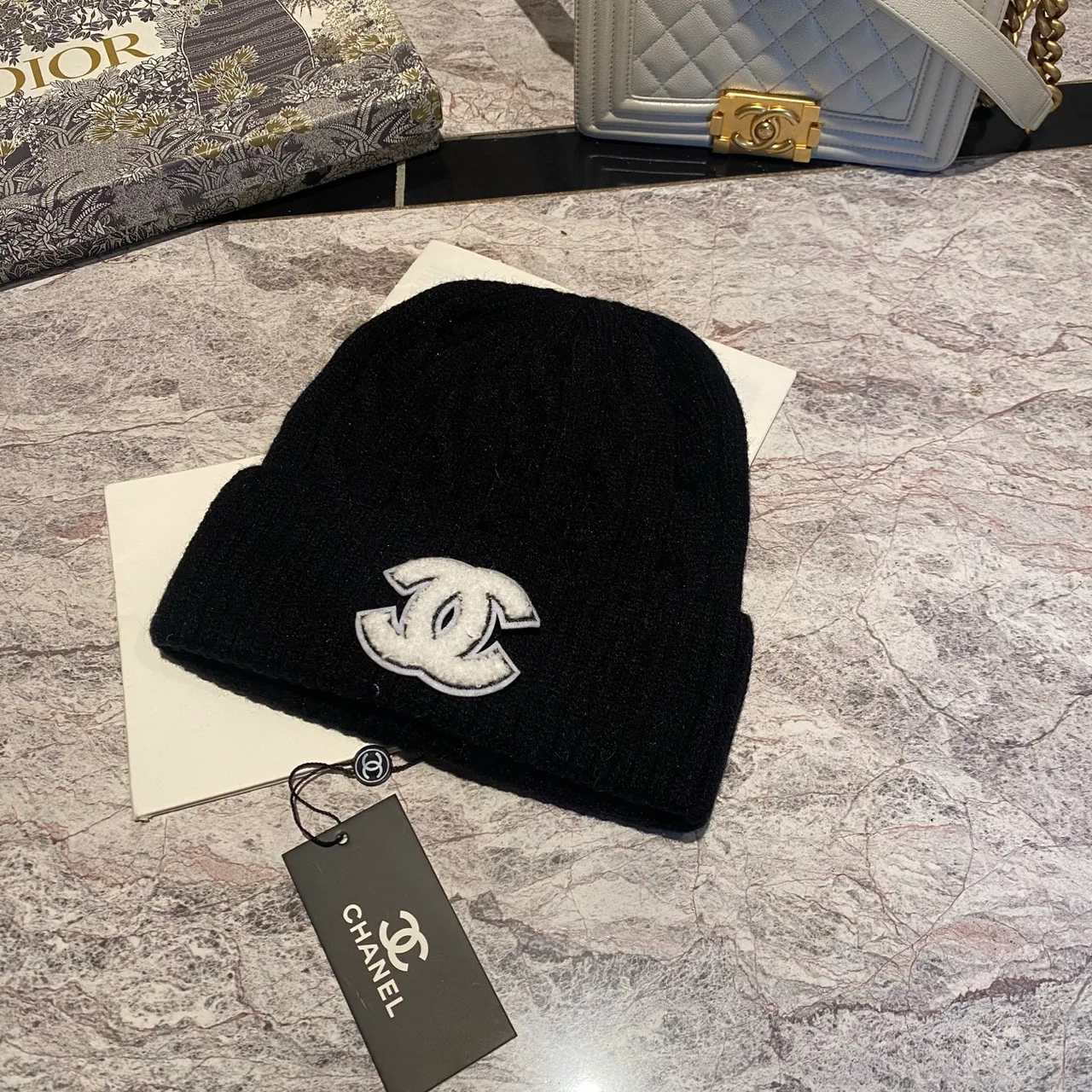 Chanel CC Cable-Knit Beanie in Brown / White / Grey / Pink / Black / Blue / Red · view 8