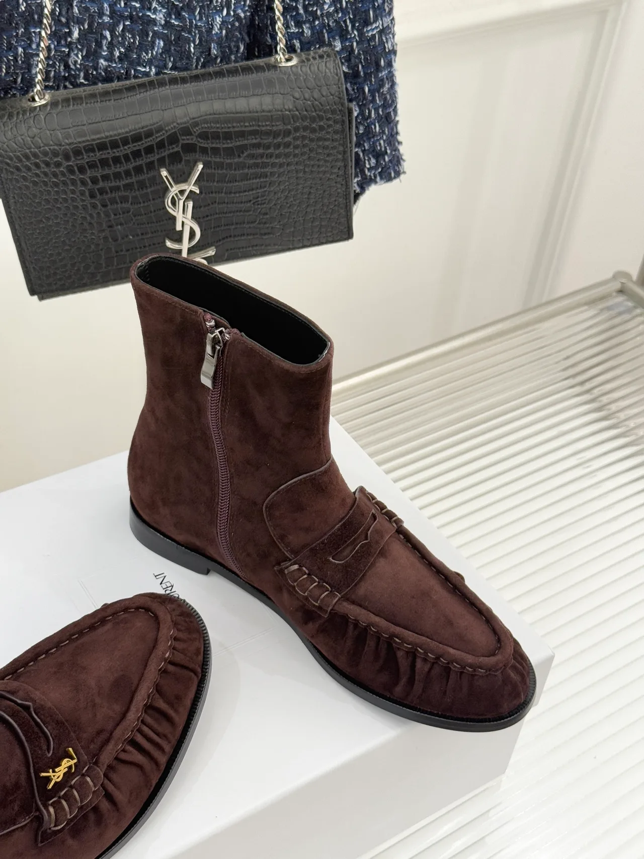 Saint Laurent Suede-Look Round-Toe Ankle Boots in Brown · view 3