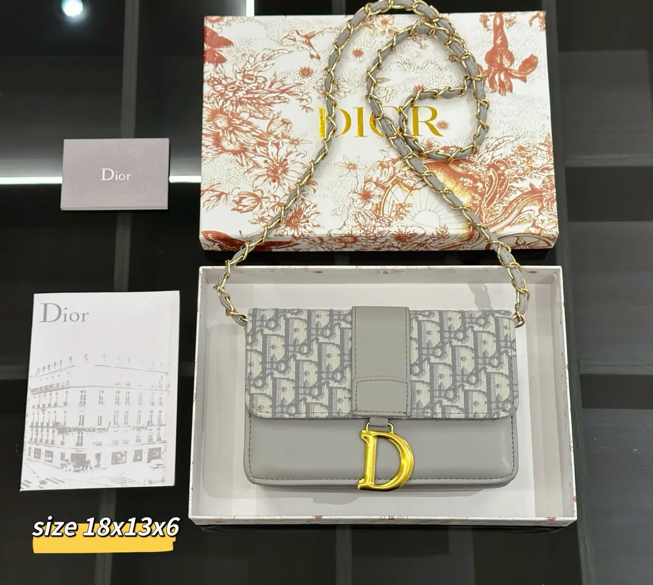 Dior Saddle-Style Chain Wallet in White / Black / Grey / Blue · view 3
