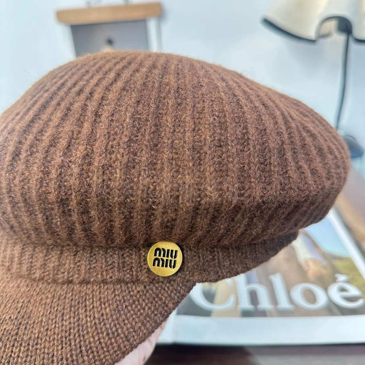 Miu Miu Ribbed Knit Brimmed Cap in Brown · view 7