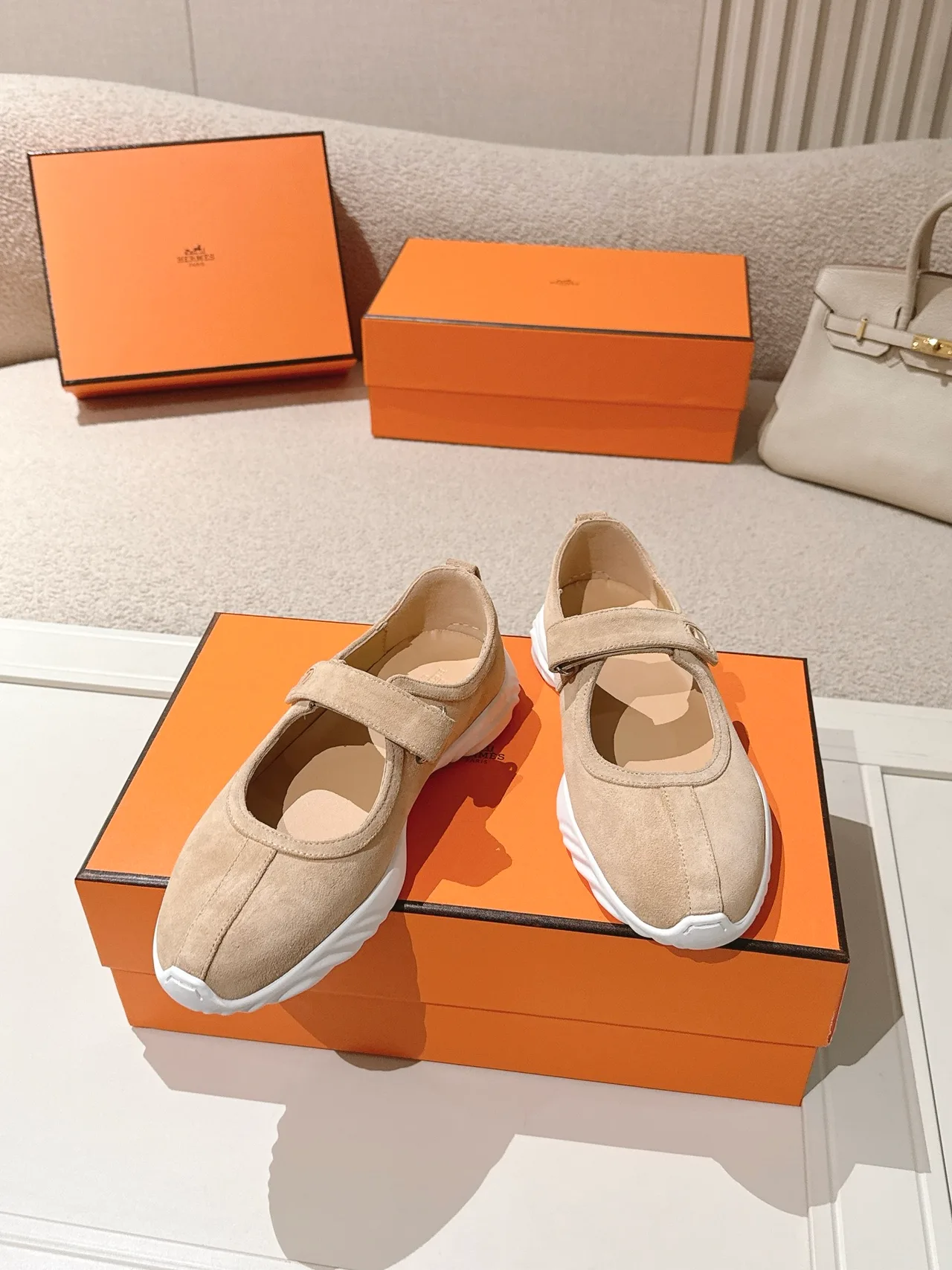 Hermes Lambskin Smooth Mary Jane Shoes in Beige · view 3