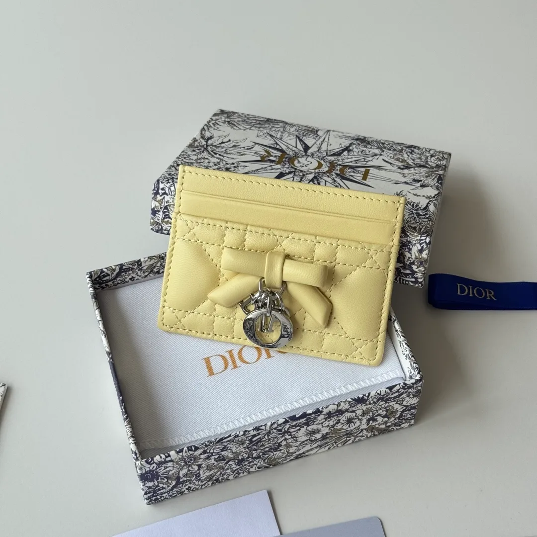 Dior Lambskin Quilted Glossy Bow Cardholder in Yellow · view 2