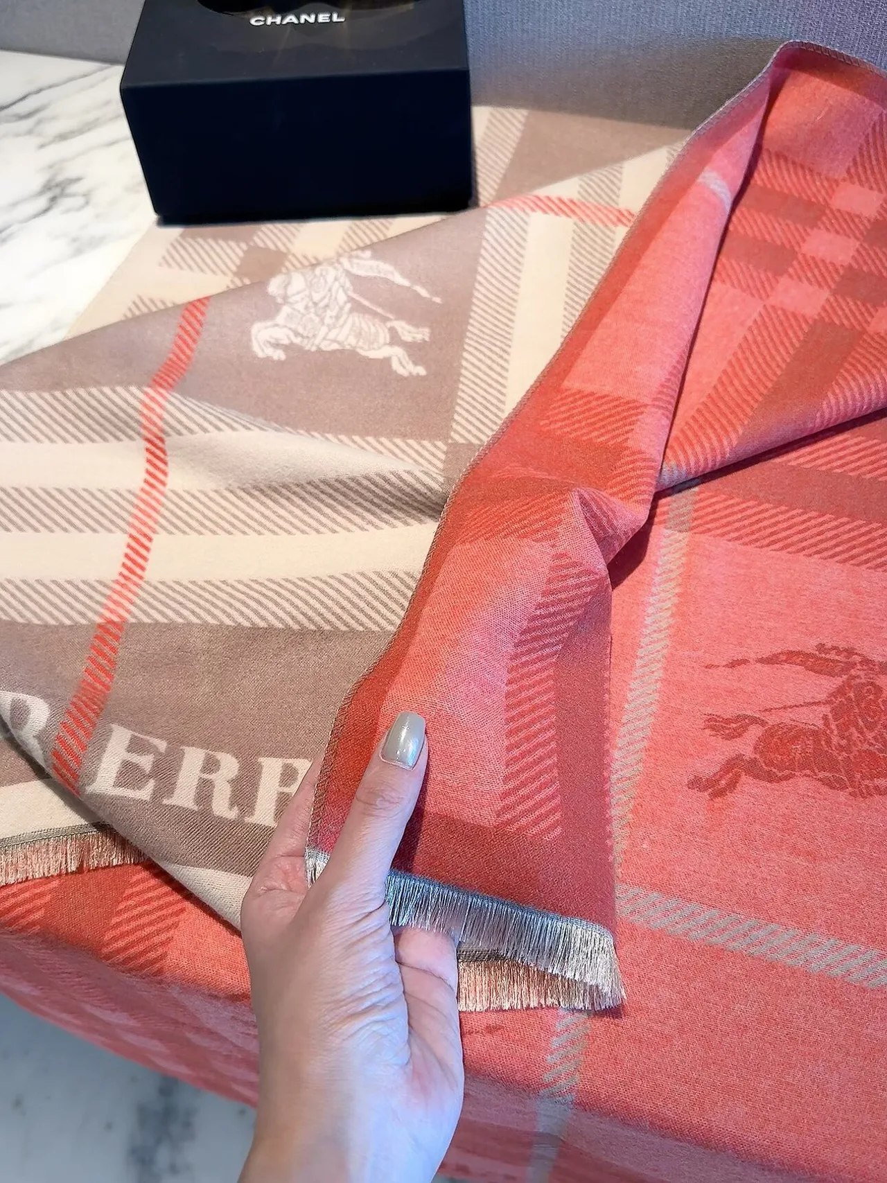 Burberry Check Equestrian Shawl in Beige & Red & Black · view 4