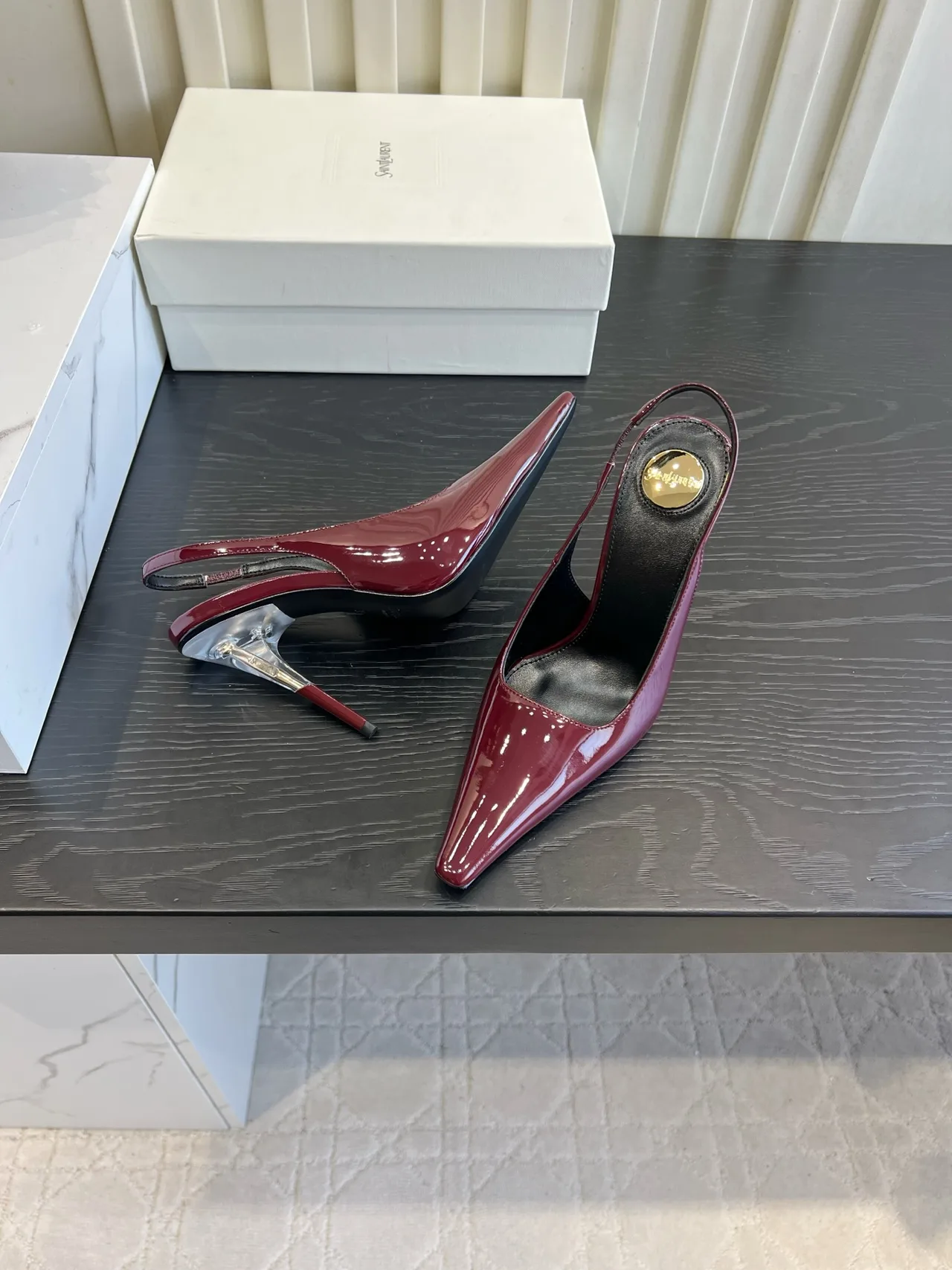 Saint Laurent Cowhide Silk Glossy Pointed-Toe Slingback Shoes in Burgundy · view 4