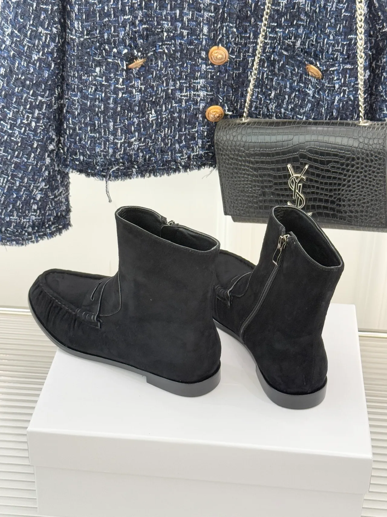 Saint Laurent Glossy Suede-Look Round-Toe Ankle Boots in Black · view 5