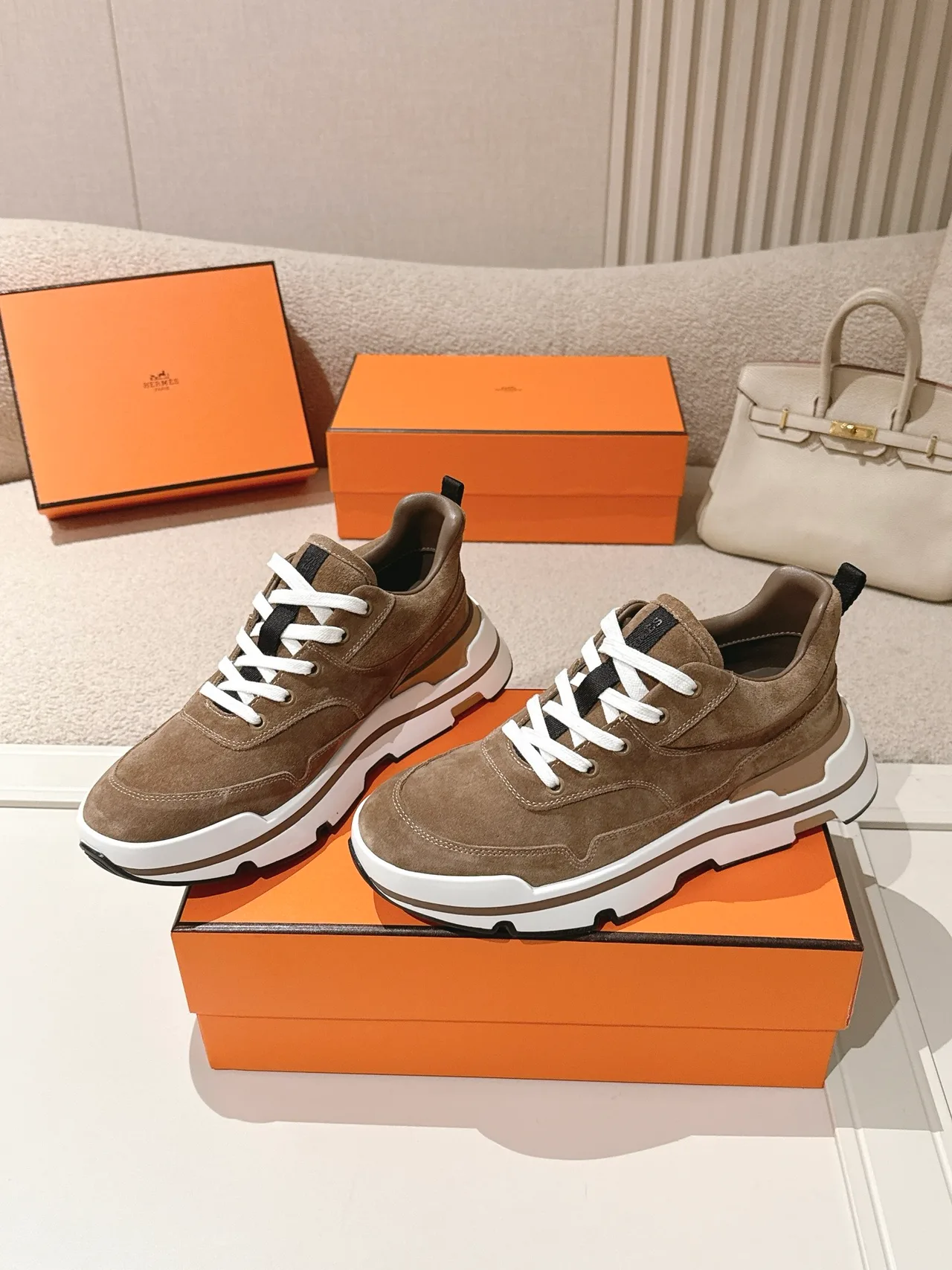 Hermes Calfskin Suede-Look Sneakers in Brown · view 2