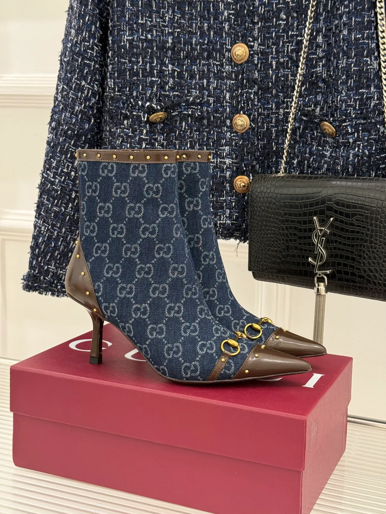 Gucci Sheepskin Canvas Ankle Boots in Blue · view 1