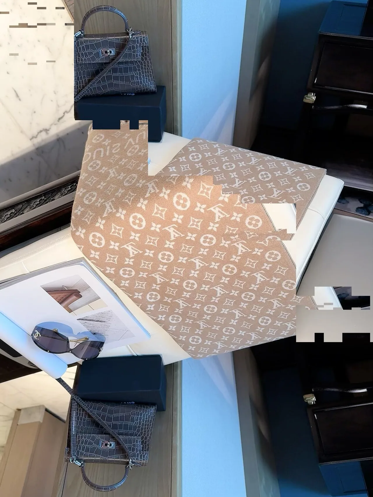 Louis Vuitton Fringed Monogram Scarf in Tan & Black · view 1