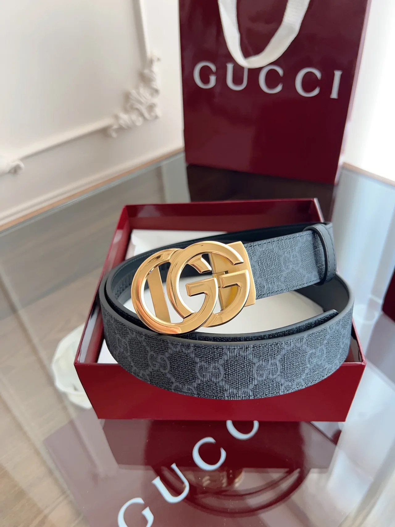 Gucci Cowhide Woven GG Automatic Belt in Grey · view 1