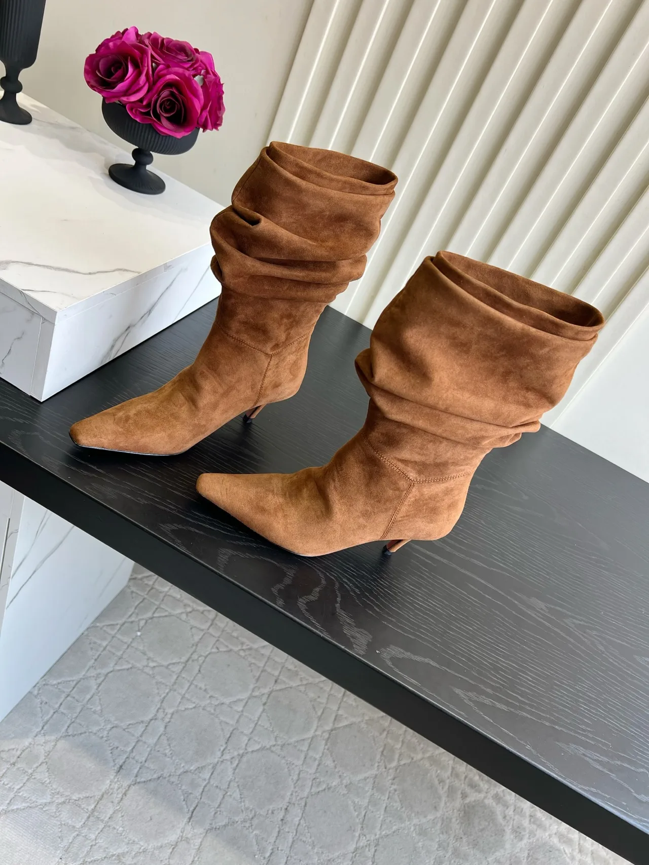 Amina Muaddi Cowhide Glossy Pointed-Toe Knee-High Boots in Tan · view 2