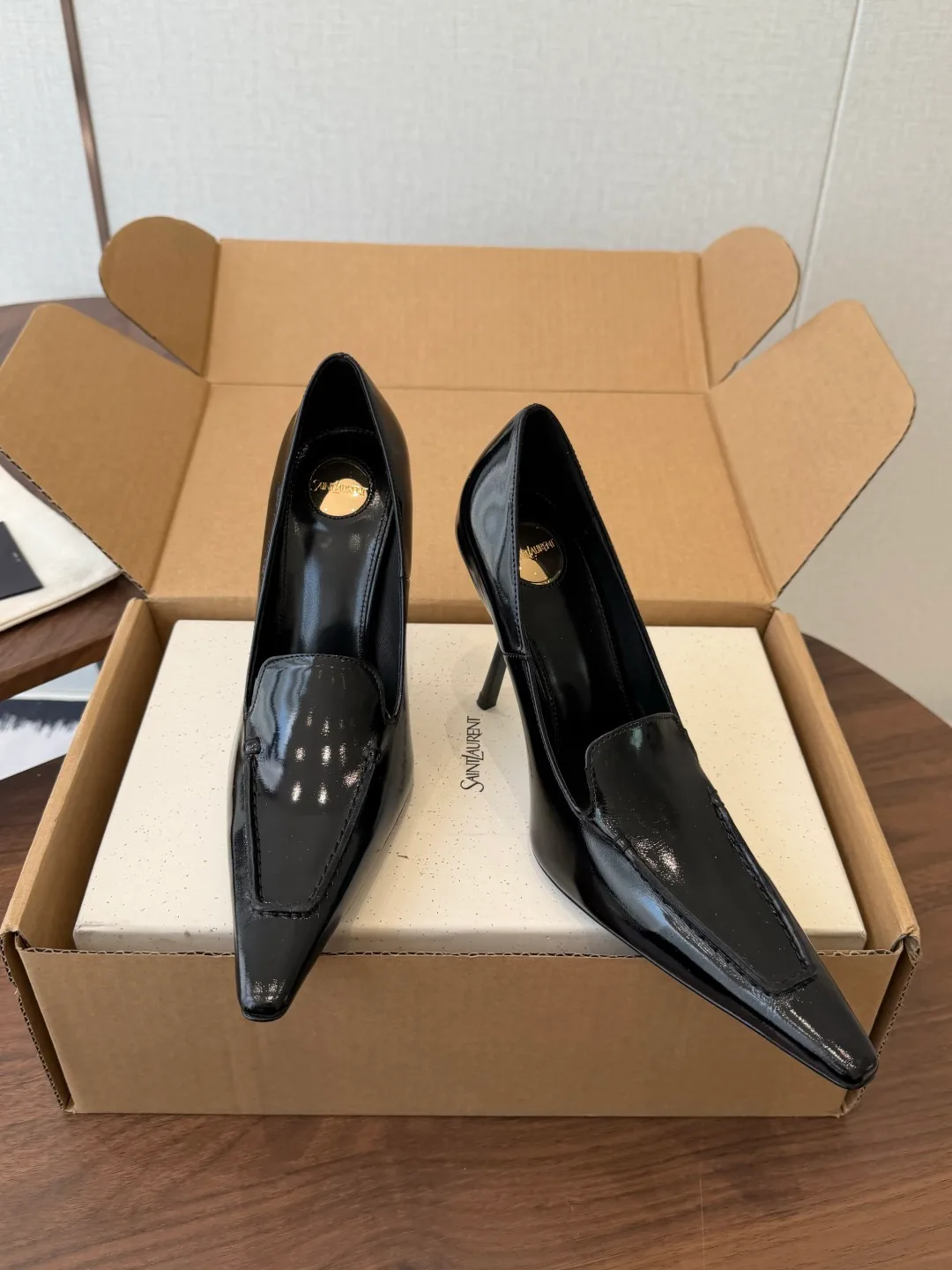 Saint Laurent Cowhide Glossy Pointed-Toe Pumps in Black · view 3