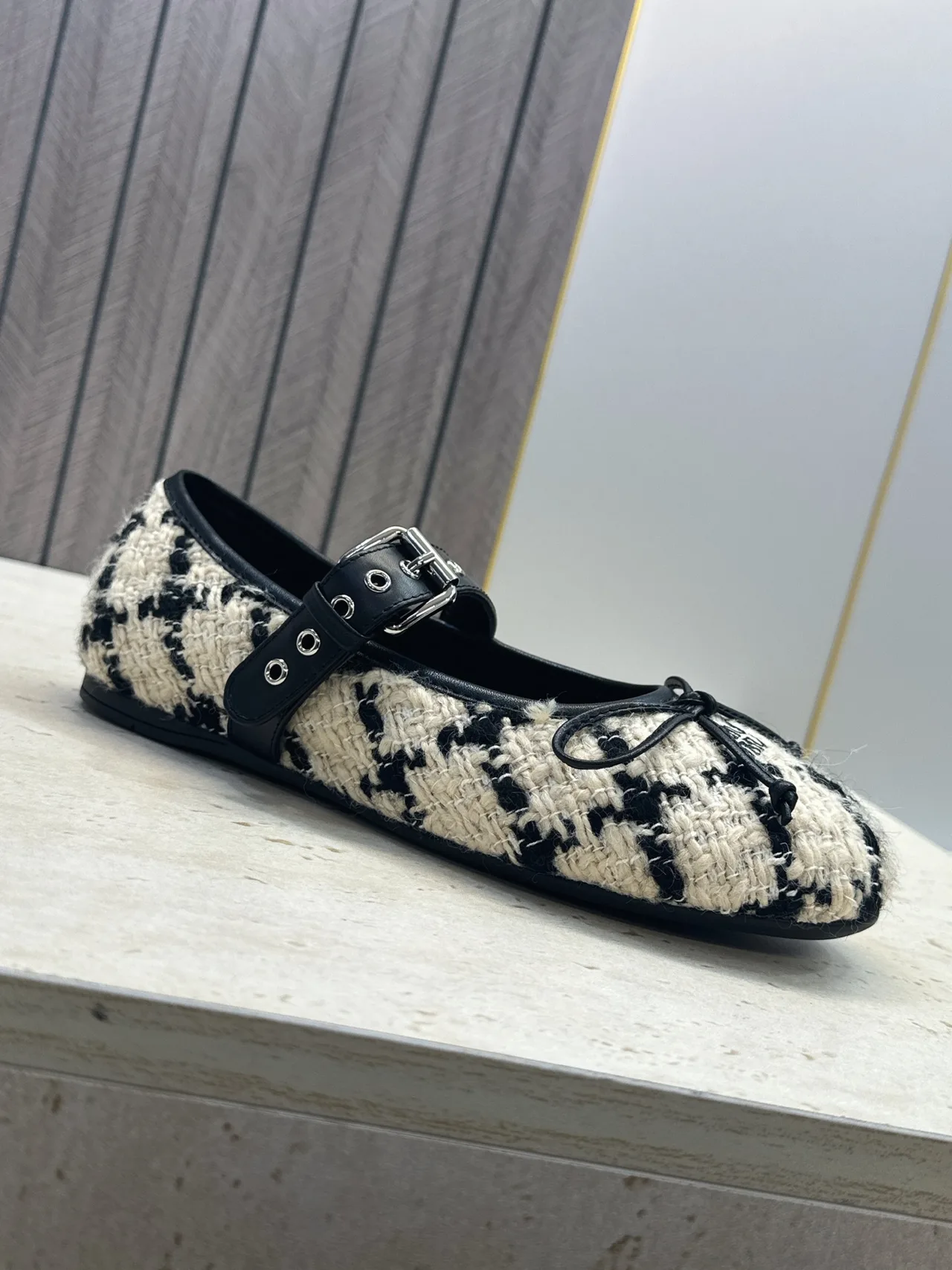 Miu Miu Calfskin Check Square-Toe Round-Toe Mary Jane Flats in Black · view 6