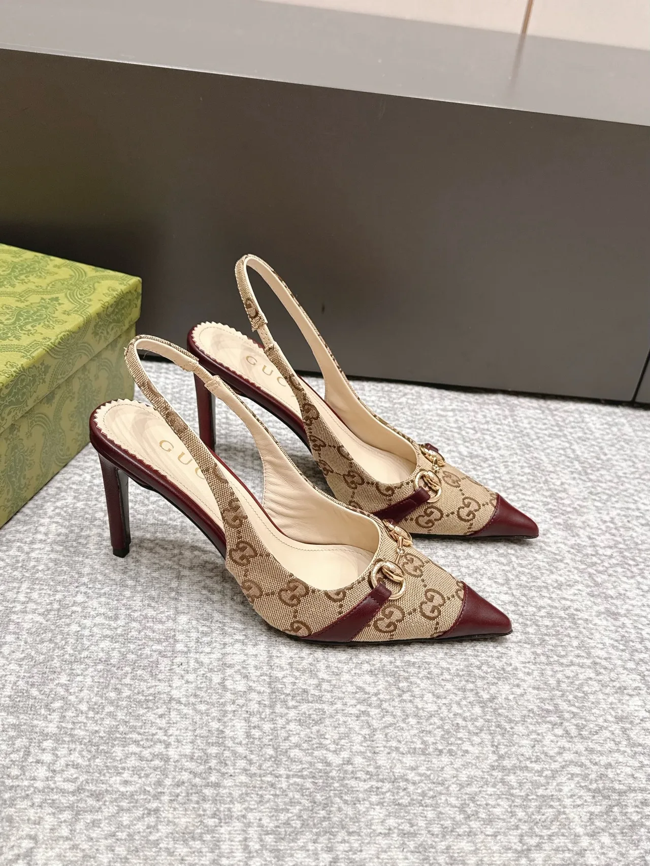 Gucci Glossy Pointed-Toe Monogram Slingback Pumps in Beige · view 3