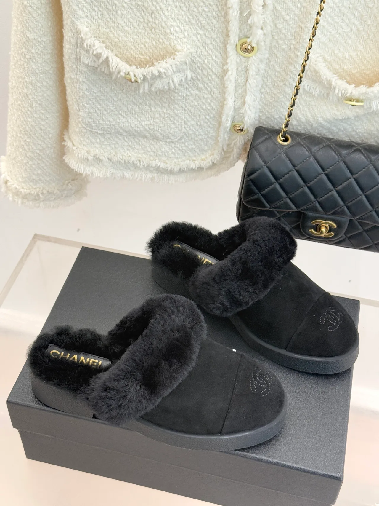 Chanel Glossy Suede-Look Slippers in Black · view 3