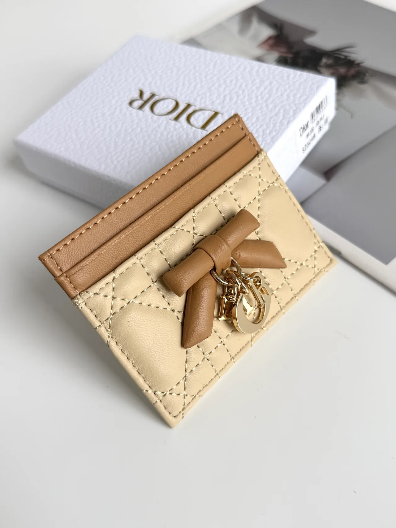 Dior Lambskin Quilted Bow Cardholder in Beige · view 3