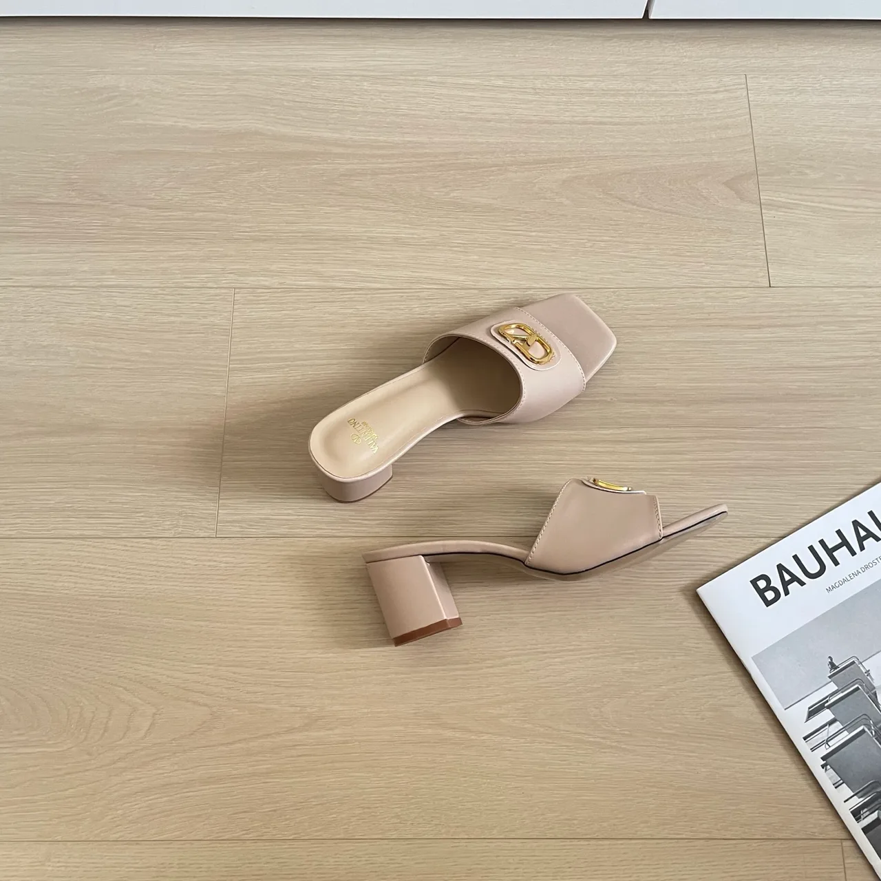 Valentino Sheepskin Square-Toe Mules in Beige · view 6