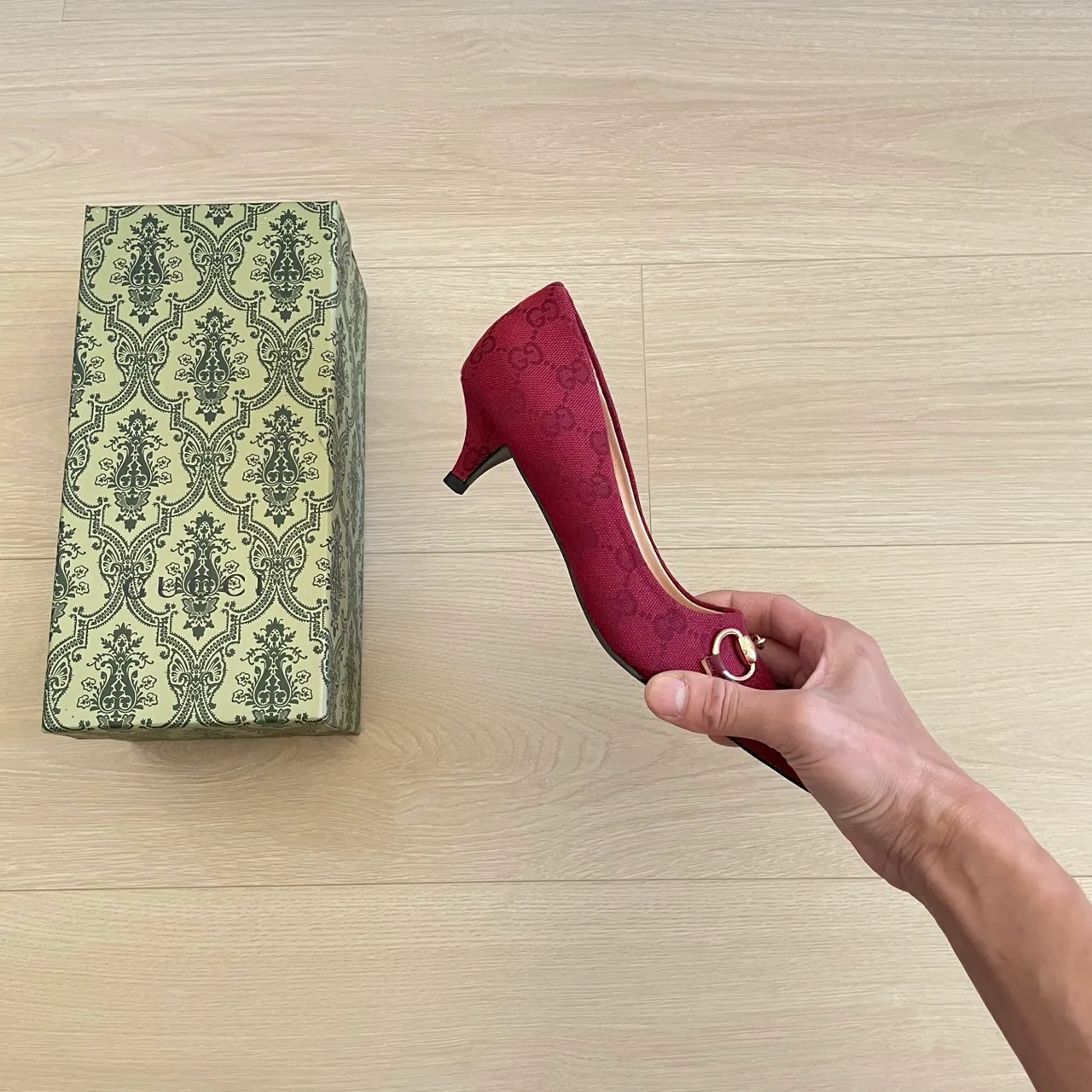 Gucci Canvas Smooth Pointed-Toe Horsebit Kitten Heel Pumps in Burgundy · view 8