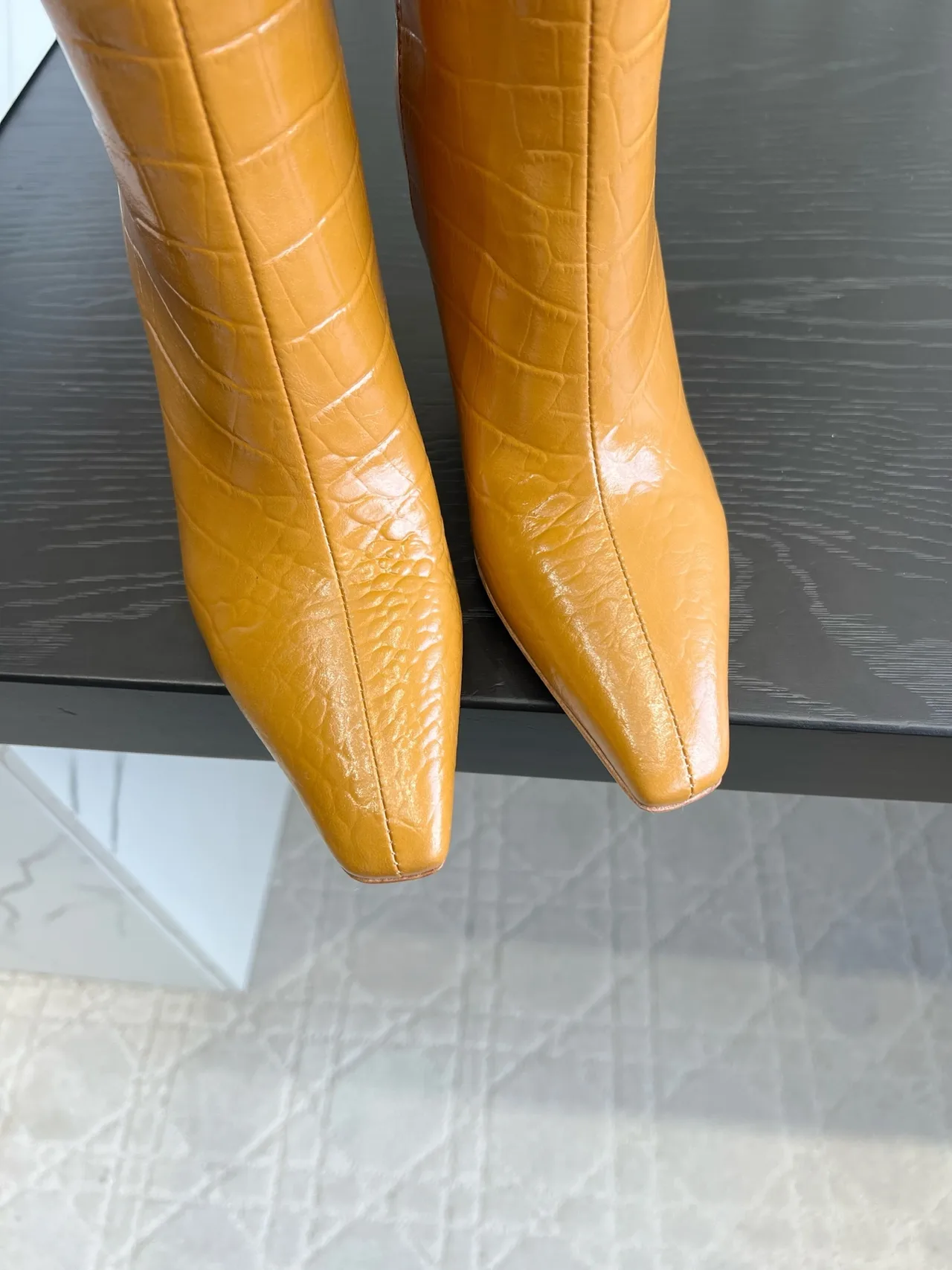 Amina Muaddi Cowhide Glossy Pointed-Toe Knee-High Boots in Tan · view 6