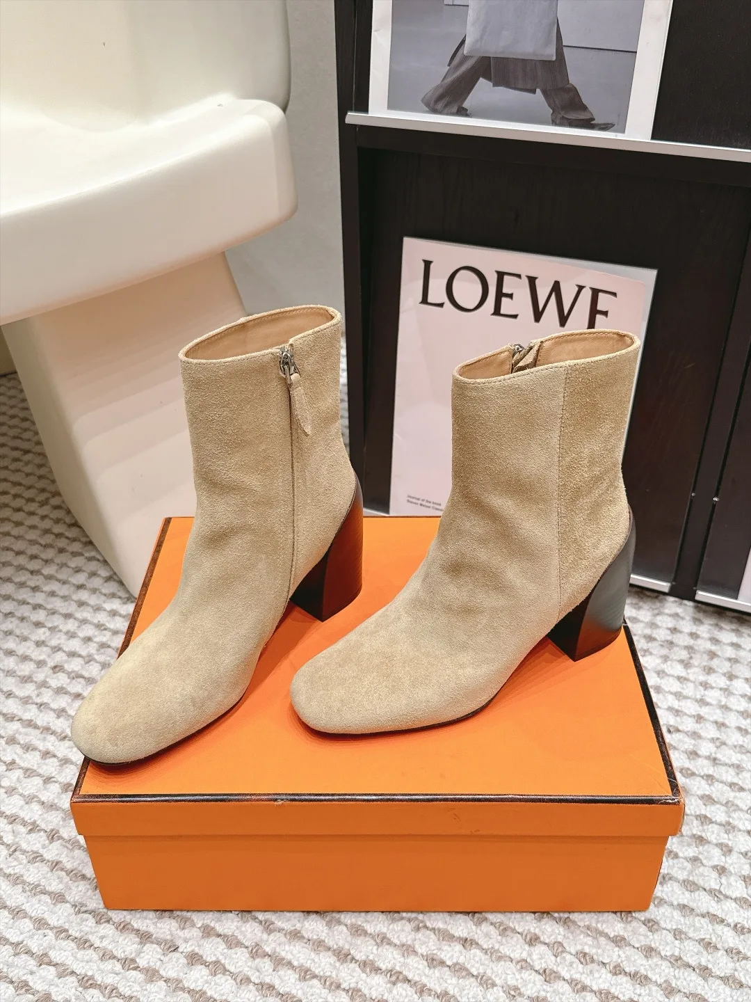 Loewe Suede-Look Square-Toe Ankle Boots in Beige · view 3